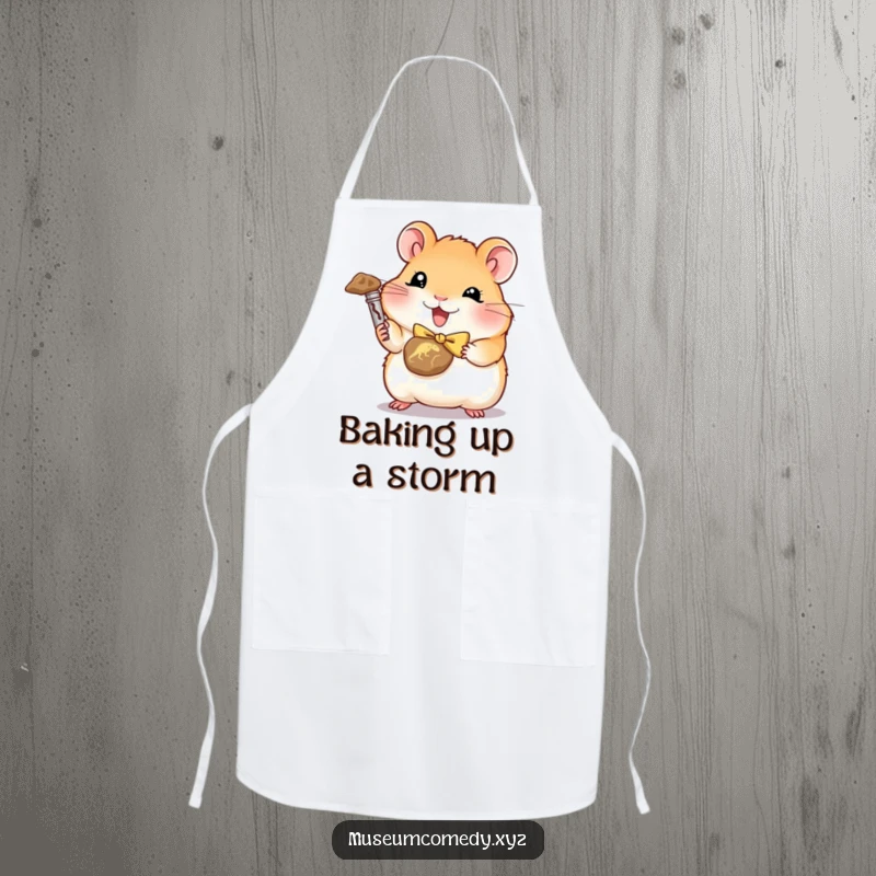 Funny hamster wearing a bowtie holding a tiny dinosaur fossil on a functional apron.