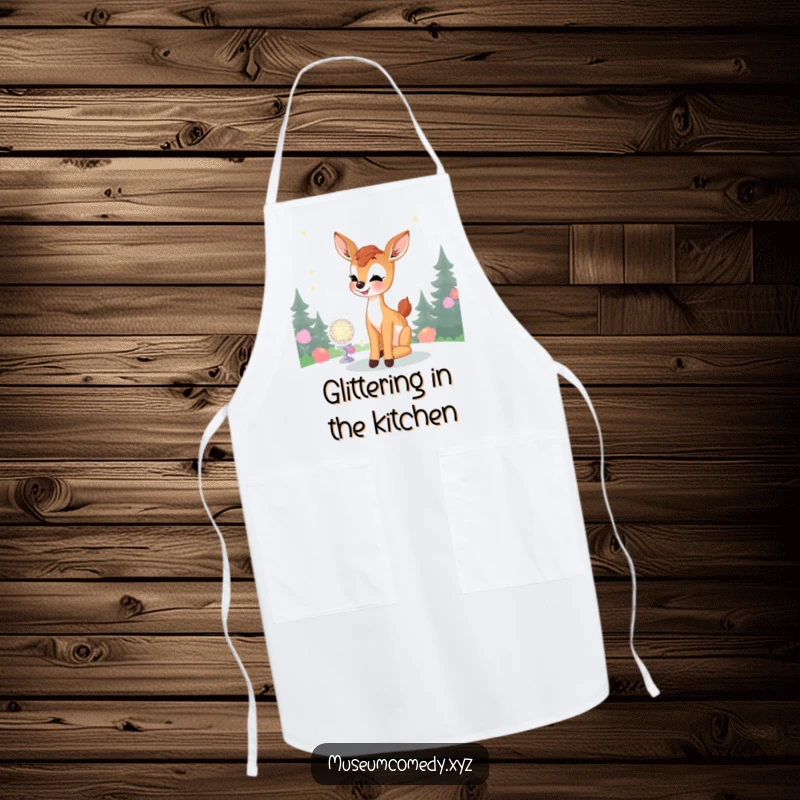 Funny Deer Fawn Apron: A joyful fawn admires a glittering display, making this apron a humorous and charming kitchen accessory.