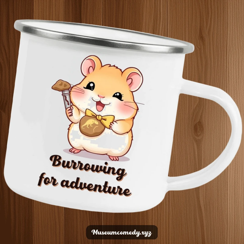 Funny hamster in a bowtie holding a miniature dinosaur fossil on a sturdy camping mug.