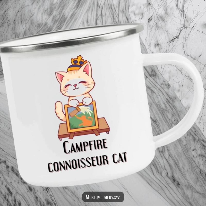 Funny cat in a regal hat dusting an artifact on a sturdy camping mug.