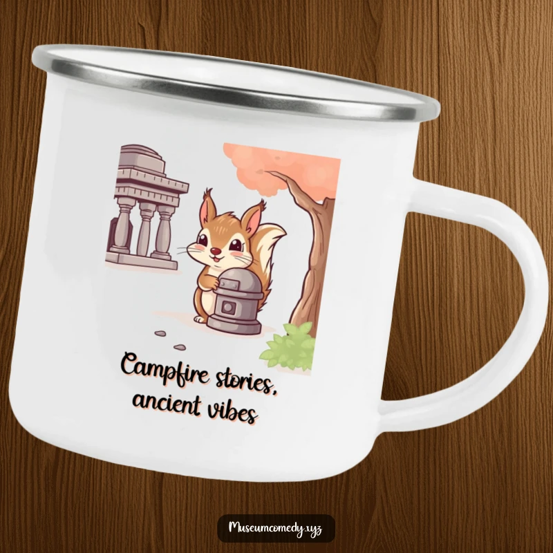 Funny Squirrel Artifact Camping Mug: A cheeky squirrel peeks from behind history, blending outdoor utility with humorous charm for your travels.