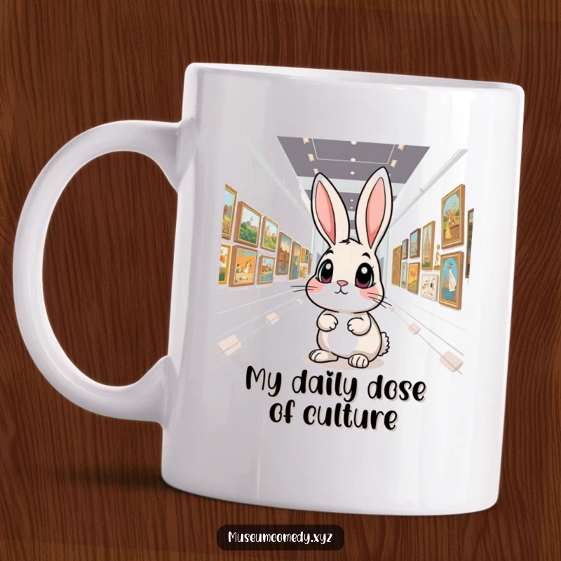 Funny Art Rabbit Mug: A curious bunny with wide eyes gazes at art in a gallery, expressing wonder and amusement, a perfect funny gift.