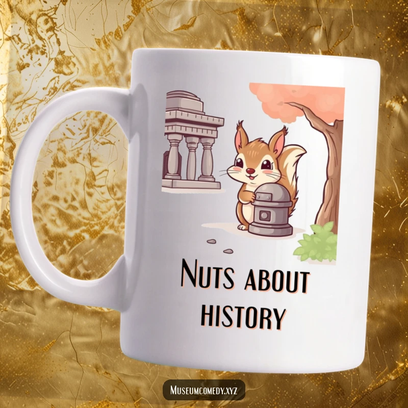 Funny Squirrel Artifact Mug: A cheeky squirrel pops its head out from behind an ancient relic, full of mischievous curiosity.
