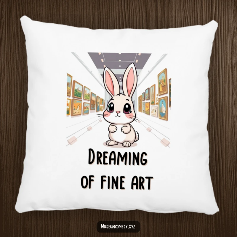 Funny Art Rabbit Pillow: A curious rabbit with expressive eyes explores a museum gallery, offering plush comfort and a touch of funny art.