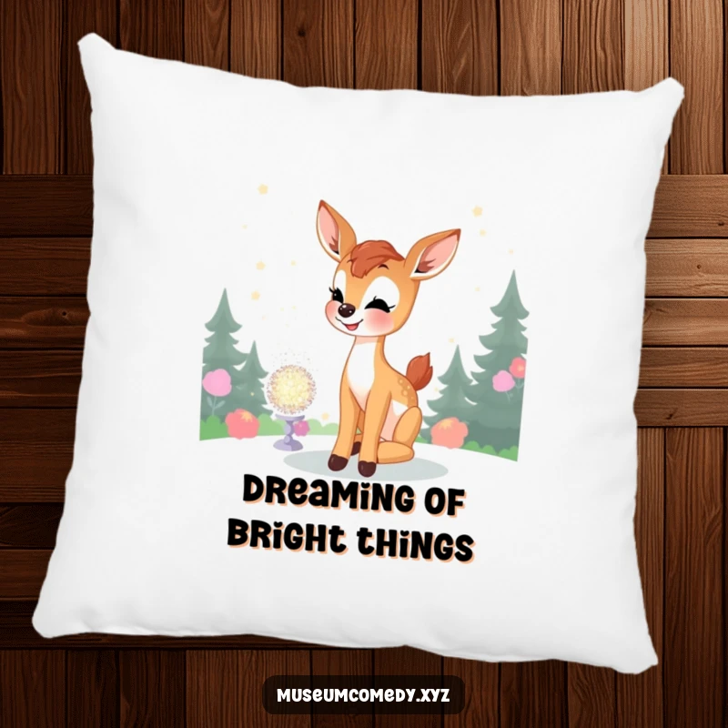 Funny Deer Fawn Pillow: A joyful fawn admires a glittering display, offering plush comfort and a touch of magical enchantment.