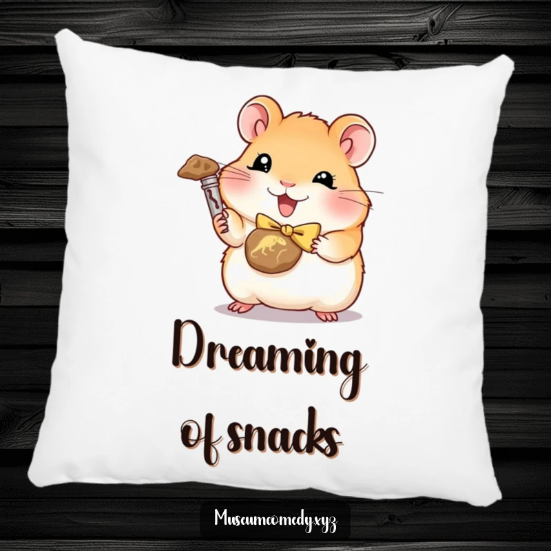 Funny hamster in a bowtie holding a miniature dinosaur fossil on a soft decorative pillow.