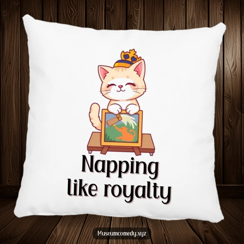 Funny cat in a regal hat dusting a painted artifact on a soft decorative pillow.