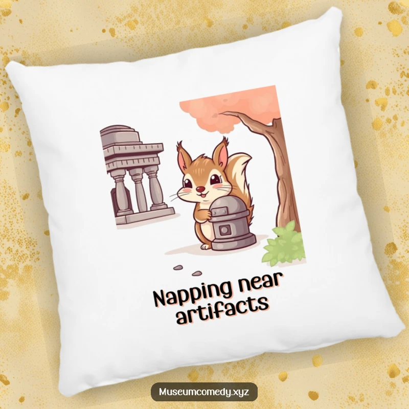Funny Squirrel Artifact Pillow: A cheeky squirrel peeks from behind a historical artifact, offering plush comfort and a touch of funny intrigue.