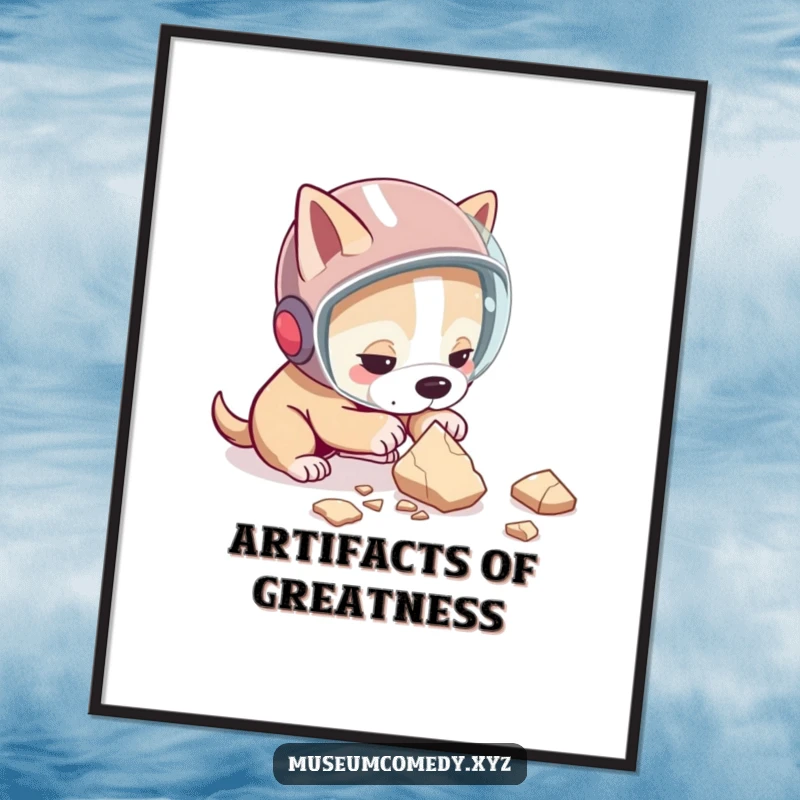 Funny dog digital art print of a determined dog in a helmet examining a pottery shard, ready for instant download and display.