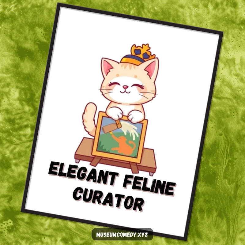 Funny playful cat in a regal hat delicately dusting a painted artifact, digital art print.