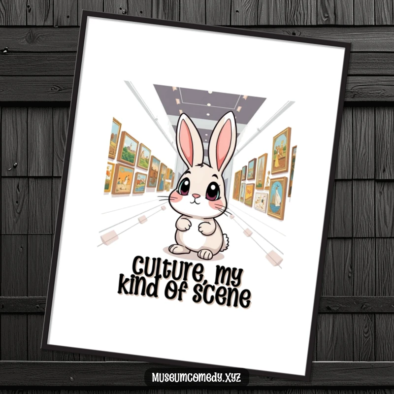 Funny Art Rabbit Digital Art Print: A wide-eyed curious rabbit marvels at art in a gallery, offering instant humorous wall decor.