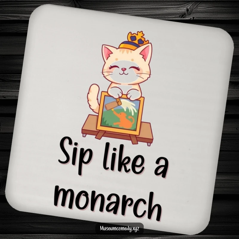 Funny cat wearing a regal hat dusting a painted artifact on a protective drink coaster.