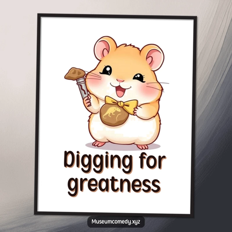 Funny cute hamster wearing a bowtie, triumphantly holding a miniature dinosaur fossil, wall art.