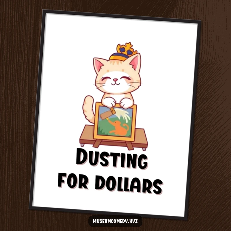 Funny playful cat in a regal hat delicately dusting a painted artifact, elegant wall art.