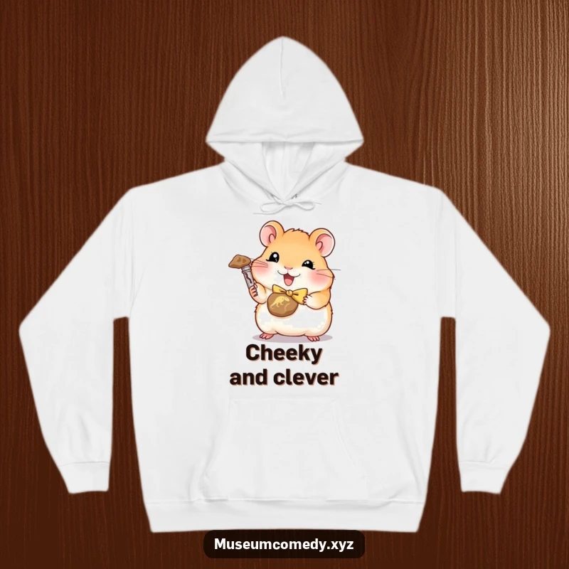 Funny hamster in a bowtie holding a miniature dinosaur fossil on a cozy hoodie.