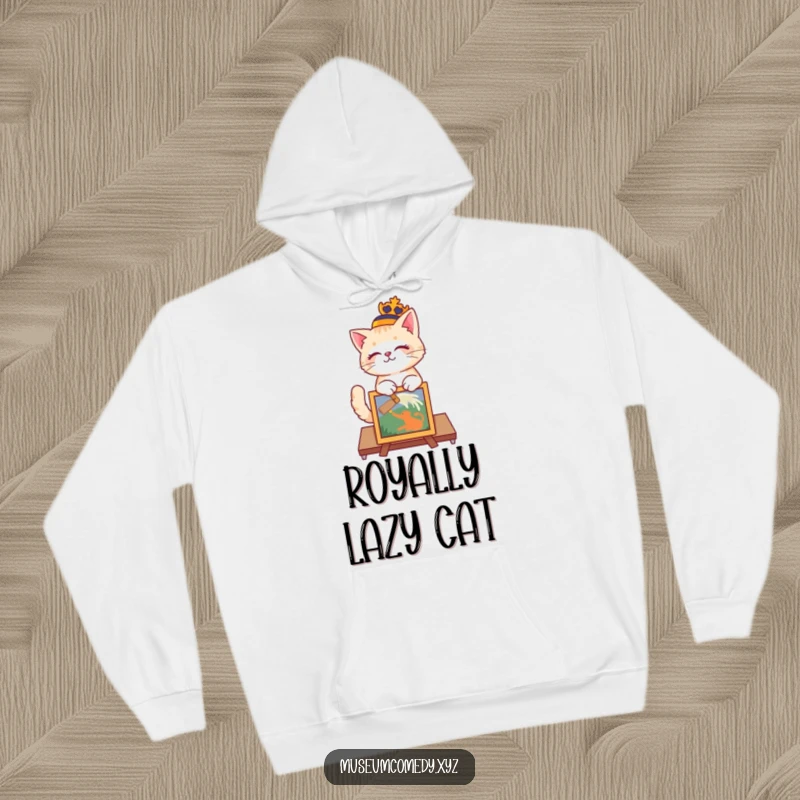Funny cat in a regal hat dusting an artifact on a cozy hoodie, art enthusiast gift.