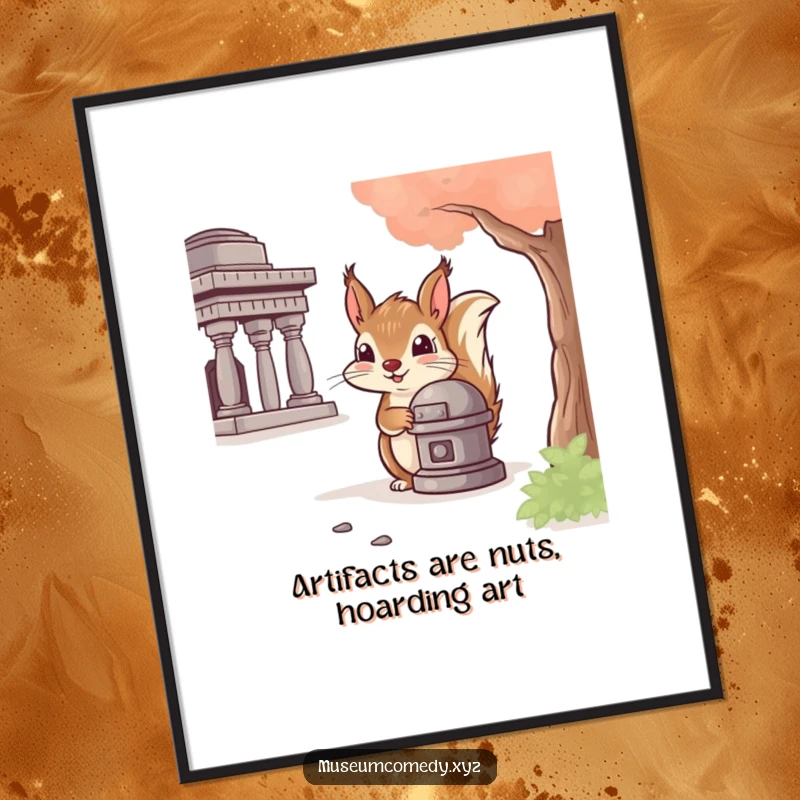 Funny Free Printable Wall Art: Cheeky squirrel peeking out from behind a historical artifact, downloadable art.
