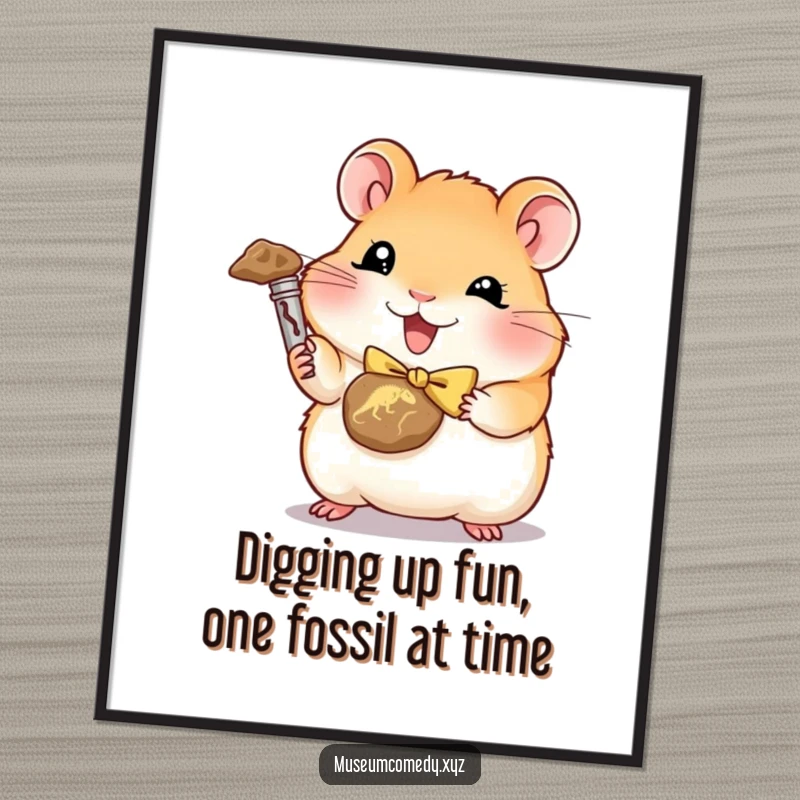 Funny free printable wall art of a cute hamster in a bowtie, triumphantly holding a miniature dinosaur fossil.