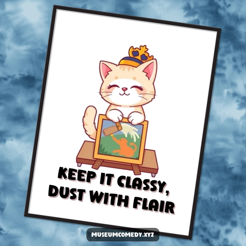 Funny free printable wall art of a playful cat wearing a regal hat, delicately dusting a painted artifact.