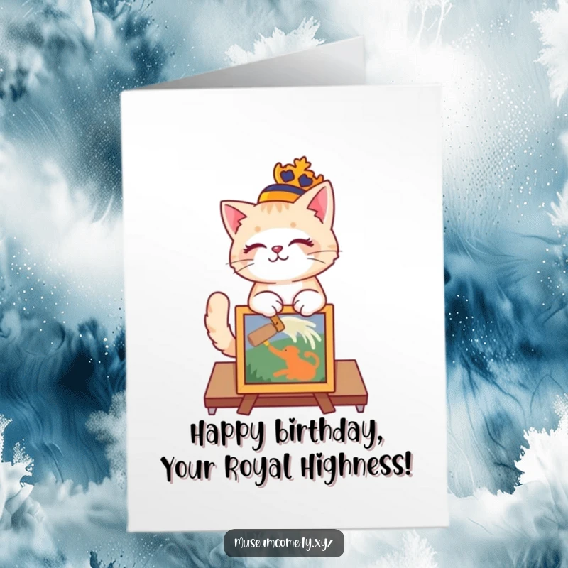 Funny free printable birthday card featuring a playful cat in a regal hat, delicately dusting an artifact.