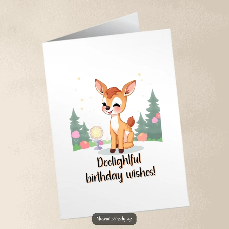 Funny Free Printable Birthday Card: Joyful fawn admires glittering display, a downloadable birthday wish.