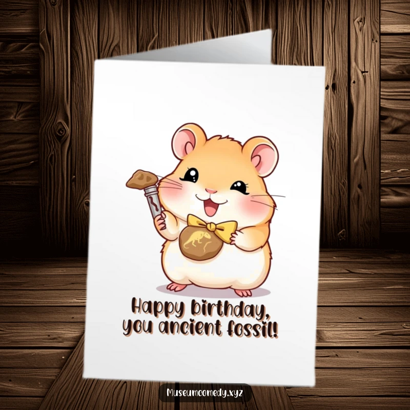 Funny free printable birthday card: a cute hamster in a bowtie triumphantly holds a miniature dinosaur fossil.