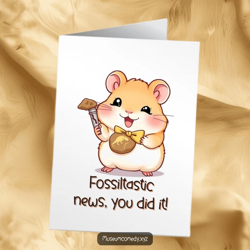 Funny free printable congratulations card: a cute hamster in a bowtie hoists a miniature dinosaur fossil.