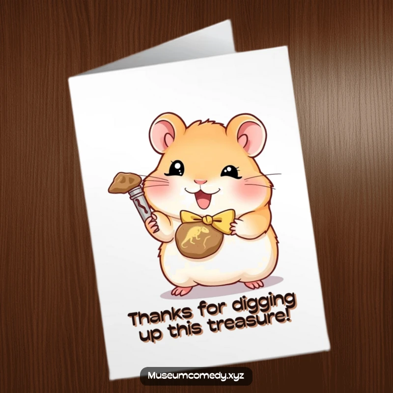 Funny free printable thank you card: a hamster in a tiny bowtie proudly displays a miniature dinosaur fossil.
