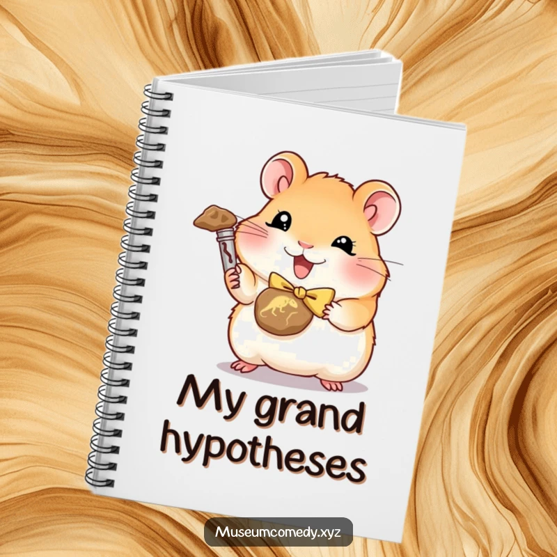 Funny hamster with a bowtie holding a tiny dinosaur fossil on a notebook cover.