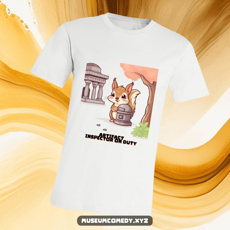 Funny Squirrel Artifact T-Shirt: A mischievous squirrel peeks from behind a museum artifact, embodying curiosity and a love for the past.