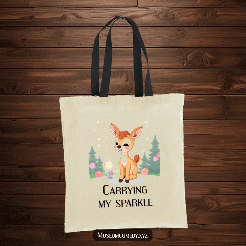 Funny Deer Fawn Tote Bag: A joyful fawn admires a glittering spectacle, making this tote a charming and practical accessory for carrying happy finds.