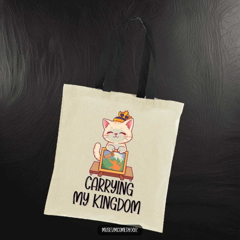 Funny cat wearing a regal hat dusting a painted artifact on a durable tote bag.