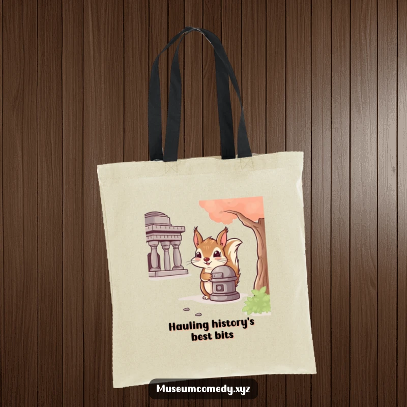 Funny Squirrel Artifact Tote Bag: A cheeky squirrel peeks from behind a historical item, making this tote a humorous and practical carry-all.