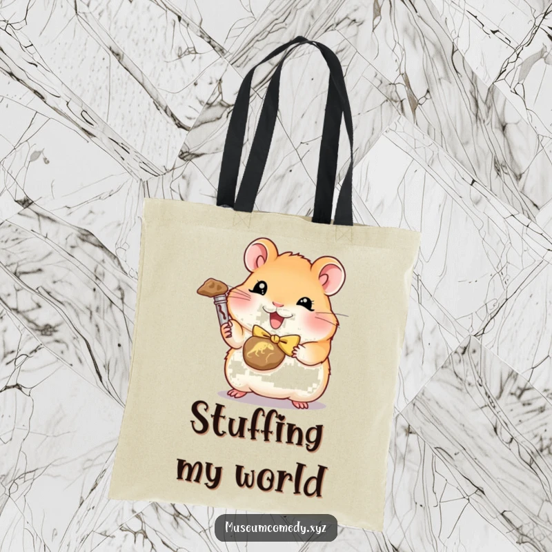 Funny hamster with a bowtie holding a tiny dinosaur fossil on a durable tote bag.